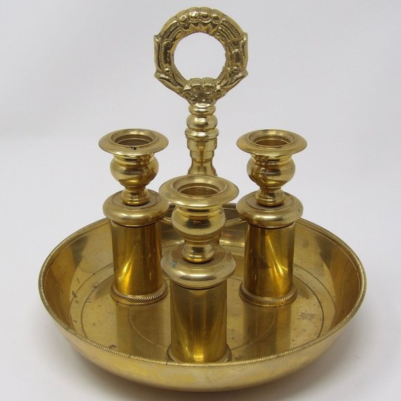 Vintage Neiman Marcus Brass Candlestick Holder Trio Candelabra with Handle Heavy - Picture 6 of 10